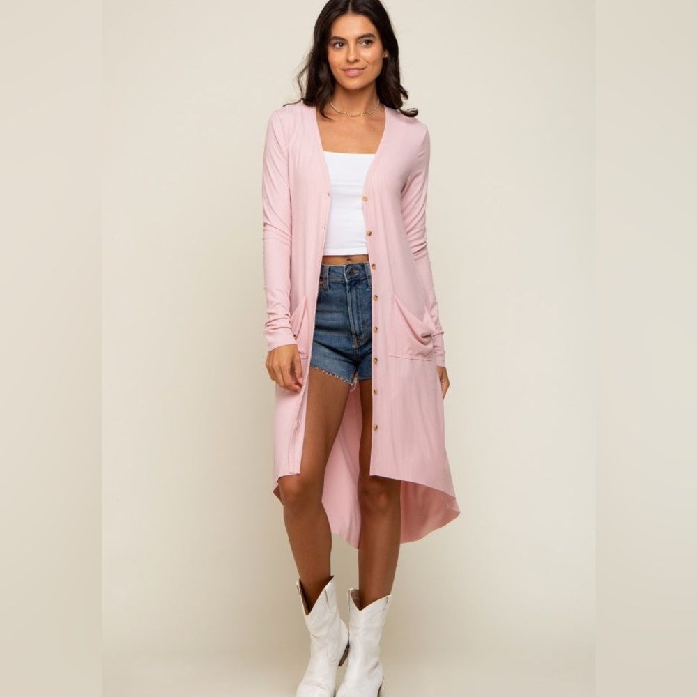 Naggoo Hi-low Solid Knit Pink Button up Cardigan